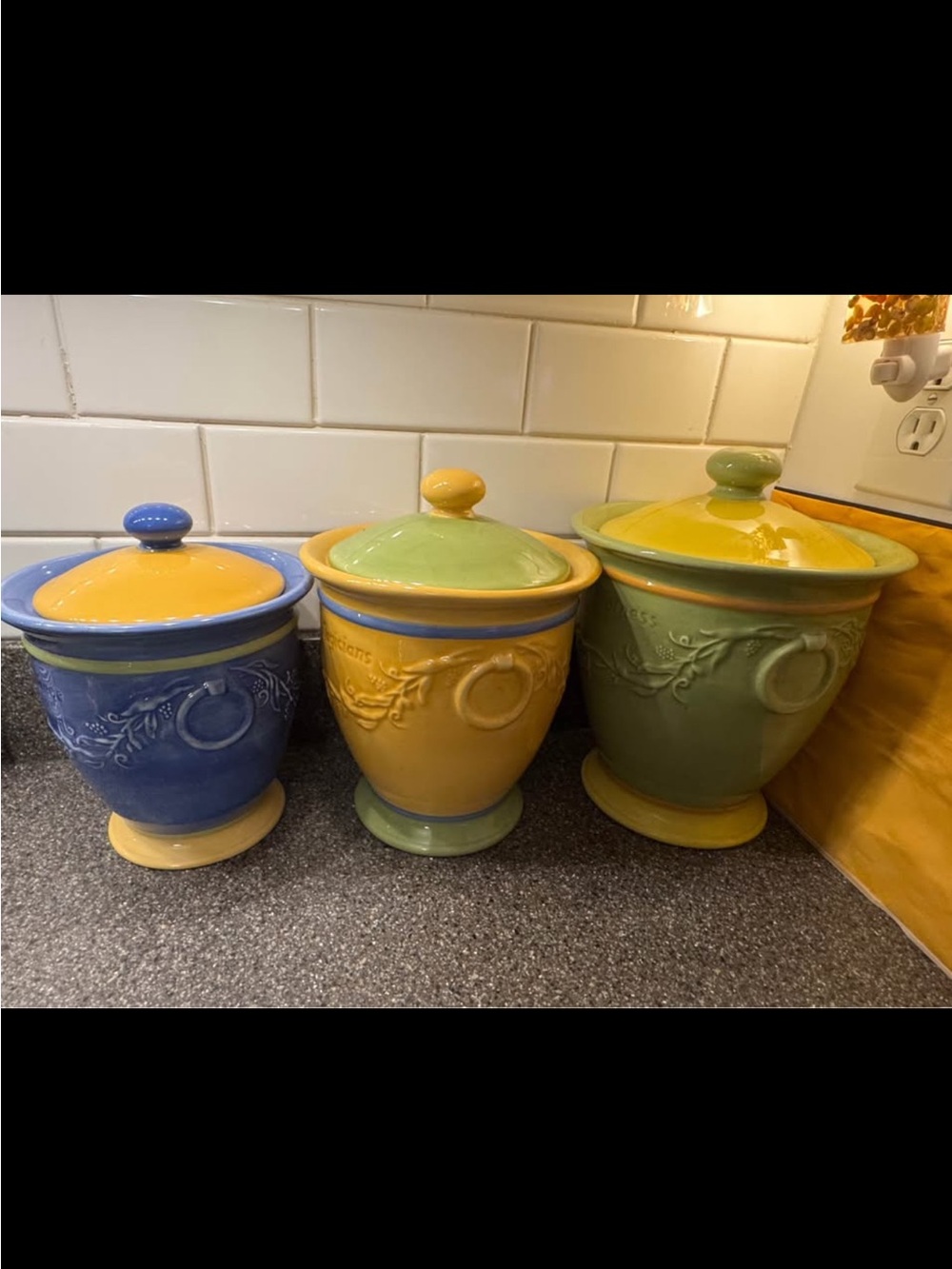 Pfaltzgraff “Secrets of…” Colorful Ceramic Canister Trio - Blue, Yellow, Green
